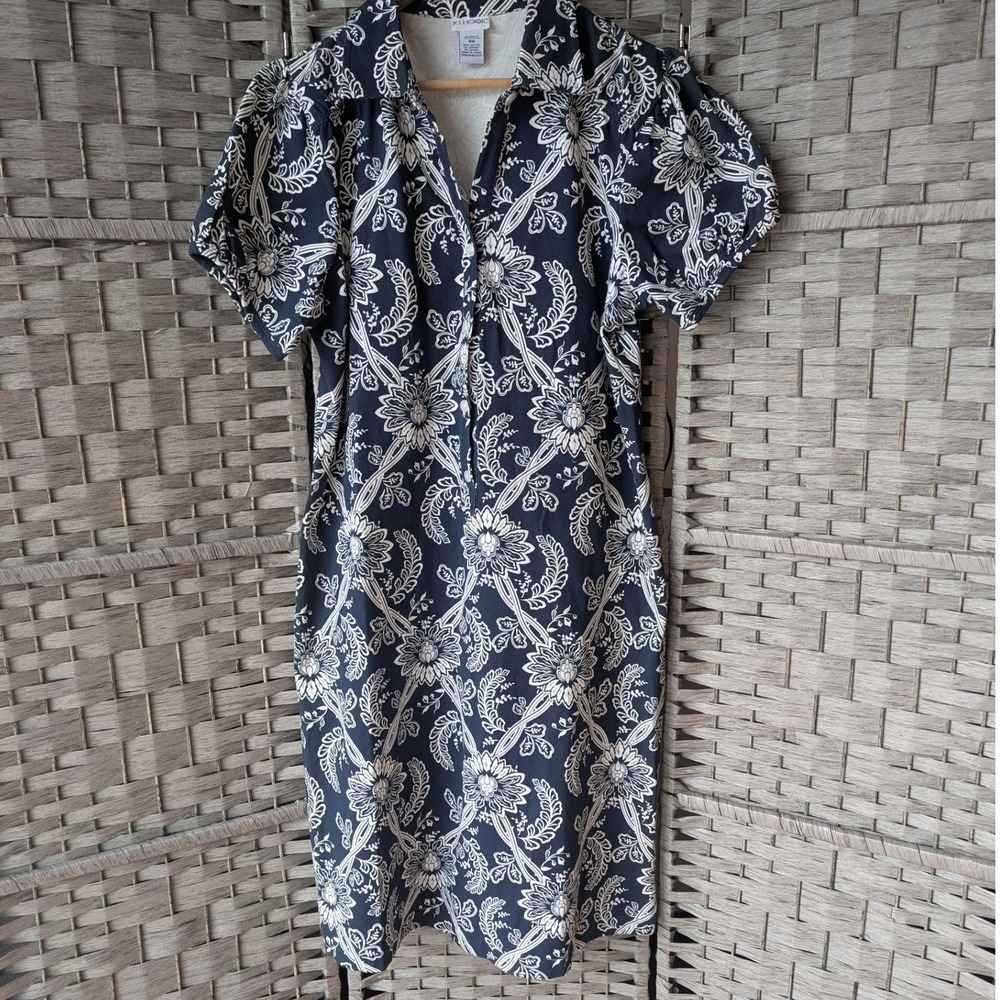 Vtg Navy White Floral Damask Short Puff Sleeve Midi Dress Nautical Preppy 14W